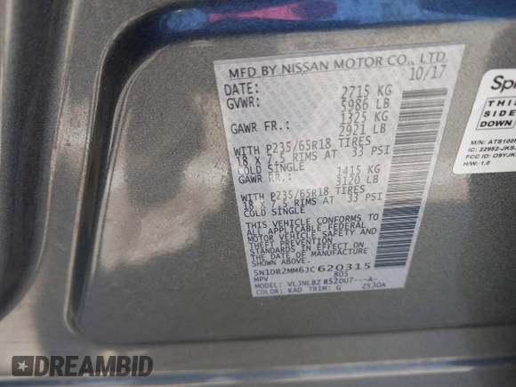 2018 Nissan Pathfinder S with VIN 5N1DR2MM6JC620315, listed as a IAAI auction lot 42225525 with 102,413 mi miles and . Bid and sale history available at DreamBid. Image 9.