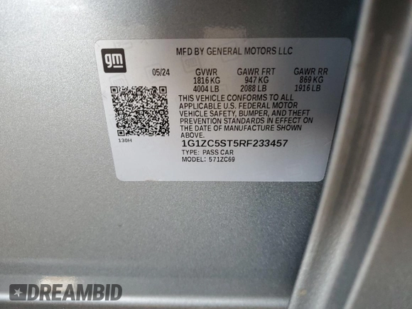 2024 Chevrolet Malibu LS with VIN 1G1ZC5ST5RF233457, listed as a Copart auction lot 48225915 with 13,013 mi miles and Salvage Title. Bid and sale history available at DreamBid. Image 12.