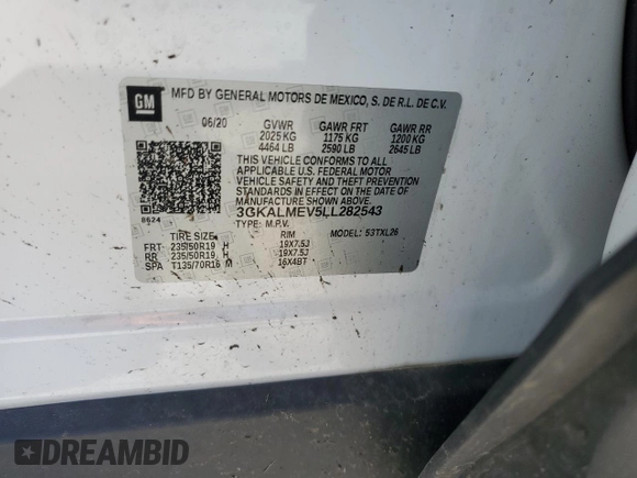 2020 GMC Terrain SLE z VIN 3GKALMEV5LL282543, wystawiony jako Copart lot #52692215 z przebiegiem 95 798 mil mil oraz Szkoda całkowita • Salvage title. Historia ofert i sprzedaży dostępna na DreamBid. Obrazek 13.