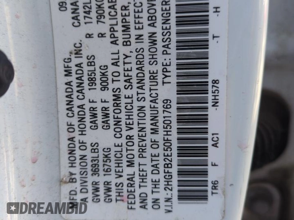 2015 Honda Civic Sedan LX with VIN 2HGFB2E50FH501769, listed as a Copart auction lot 42050625 with 0 mi miles and Salvage Title. Bid and sale history available at carsss.com. Image 12.