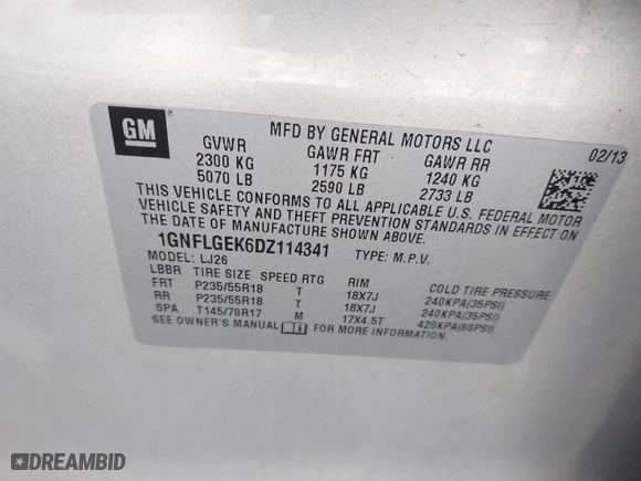 2013 Chevrolet Equinox LTZ with VIN 1GNFLGEK6DZ114341, listed as a IAAI auction lot 41236874 with 127,644 mi miles. Bid and sale history available at carsss.com. Image 9.