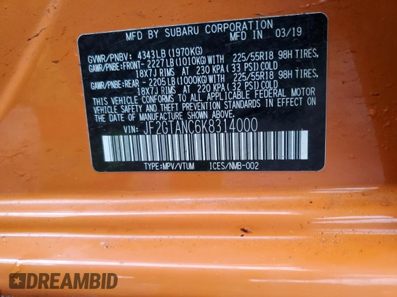 2019 Subaru Crosstrek Limited z VIN JF2GTANC6K8314000, wystawiony jako Copart lot #57817755 z przebiegiem 33 969 mil mil oraz Szkoda całkowita • Salvage title. Historia ofert i sprzedaży dostępna na DreamBid. Obrazek 13.