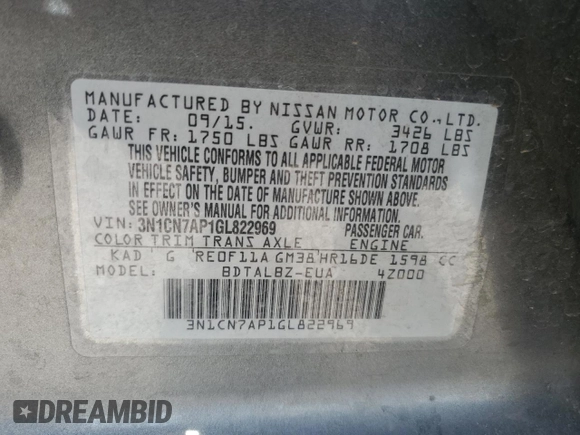 2016 Nissan Versa S Plus with VIN 3N1CN7AP1GL822969, listed as a Copart auction lot 58520635 with 86,889 mi miles and Salvage title. Bid and sale history available at DreamBid. Image 13.
