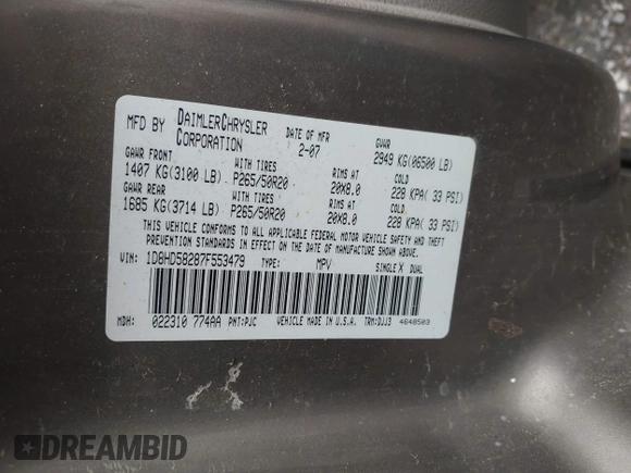 2007 Dodge Durango Limited with VIN 1D8HD58287F553479, listed as a IAAI auction lot 42439085 with 322,987 mi miles and . Bid and sale history available at DreamBid. Image 9.