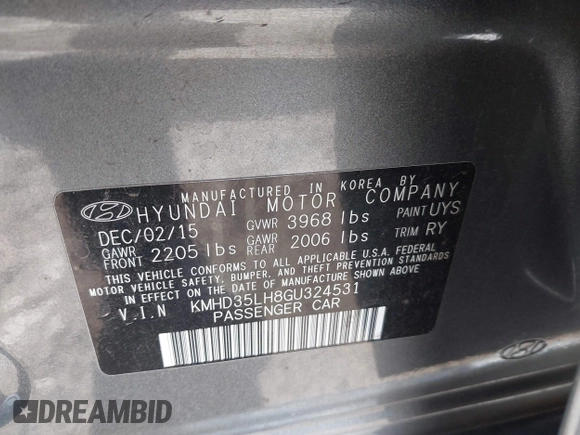 2016 Hyundai Elantra with VIN KMHD35LH8GU324531, listed as a IAAI auction lot 41972572 with 147,689 mi miles and . Bid and sale history available at DreamBid. Image 9.