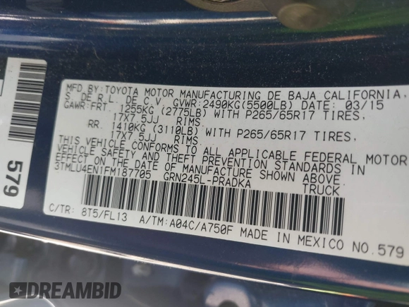 2015 Toyota Tacoma with VIN 3TMLU4EN1FM187705, listed as a IAAI auction lot 42119222 with 115,471 mi miles and . Bid and sale history available at DreamBid. Image 9.