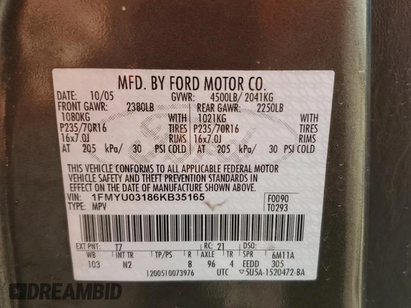 2006 Ford Escape XLT с VIN 1FMYU03186KB35165, выставлен на аукционе Copart как лот 71563254 с пробегом 206 450 миль миль и Чистый • Clean title. История ставок и продаж доступна на DreamBid. Изображение 13.
