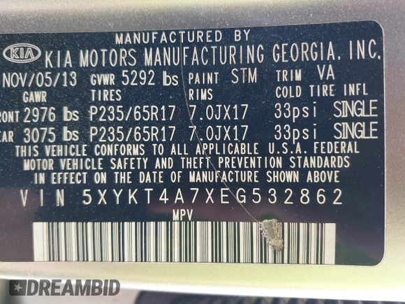 2014 Kia Sorento LX with VIN 5XYKT4A7XEG532862, listed as a IAAI auction lot 41896329 with 97,861 mi miles and . Bid and sale history available at carsss.com. Image 9.