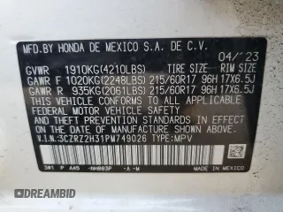 2023 Honda HR-V LX with VIN 3CZRZ2H31PM749026, listed as a Copart auction lot 59519705 with 22,810 mi miles and Salvage title. Bid and sale history available at DreamBid. Image 13.