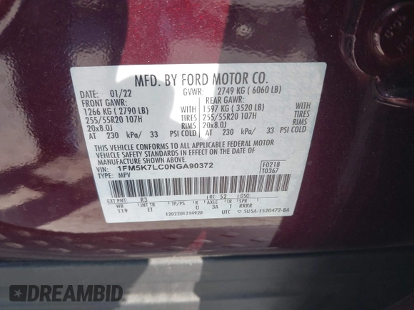 2022 Ford Explorer King Ranch with VIN 1FM5K7LC0NGA90372, listed as a IAAI auction lot 42063738 with 30,435 mi miles. Bid and sale history available at carsss.com. Image 9.