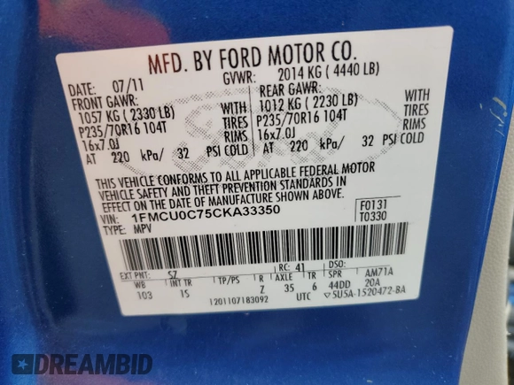 2012 Ford Escape XLS with VIN 1FMCU0C75CKA33350, listed as a Copart auction lot 58327205 with 141,410 mi miles and Clean title. Bid and sale history available at DreamBid. Image 13.