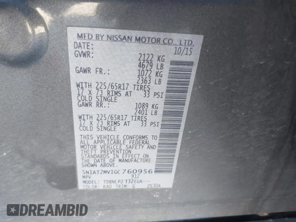 2016 Nissan Rogue SL with VIN 5N1AT2MV1GC760956, listed as a IAAI auction lot 41689234 with 171,157 mi miles and . Bid and sale history available at DreamBid. Image 9.