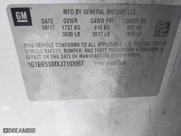 2018 Chevrolet Cruze LT with VIN 1G1BE5SMXJ7103967, listed as a IAAI auction lot 41816394 with 107,369 mi miles. Bid and sale history available at carsss.com. Image 9.