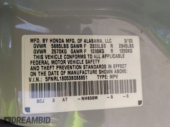 2003 Honda Odyssey EX-L z VIN 5FNRL18053B088851, wystawiony jako IAAI lot #42197114 z przebiegiem 219 456 mil mil oraz . Historia ofert i sprzedaży dostępna na DreamBid. Obrazek 9.