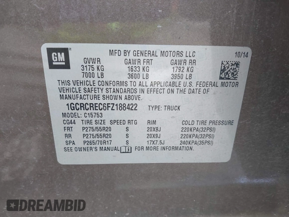2015 Chevrolet Silverado 1500 LT with VIN 1GCRCREC6FZ188422, listed as a IAAI auction lot 41710318 with 66,335 mi miles. Bid and sale history available at carsss.com. Image 9.