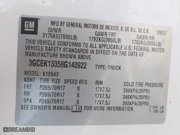 2008 Chevrolet Silverado 1500 LTZ with VIN 3GCEK13358G140922, listed as a IAAI auction lot 41707827 with 250,019 mi miles. Bid and sale history available at carsss.com. Image 9.