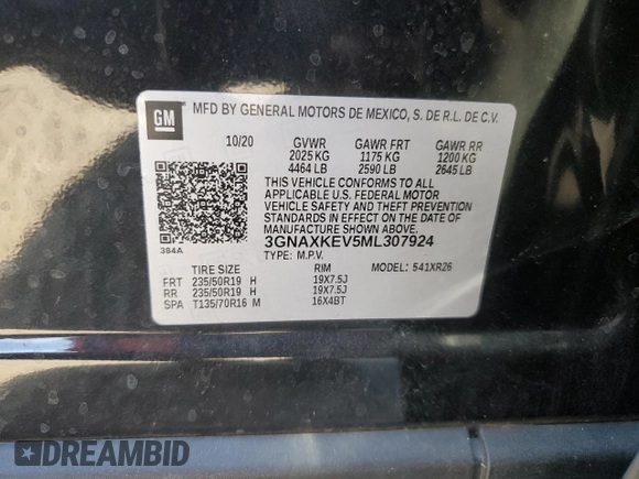 2021 Chevrolet Equinox LT with VIN 3GNAXKEV5ML307924, listed as a Copart auction lot 50700765 with 50,252 mi miles and Non Repairable. Bid and sale history available at DreamBid. Image 15.