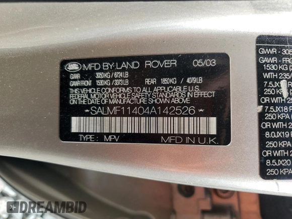 2004 Land Rover Range Rover with VIN SALMF11404A142526, listed as a Copart auction lot 54699145 with 148,339 mi miles and Salvage Title. Bid and sale history available at DreamBid. Image 13.