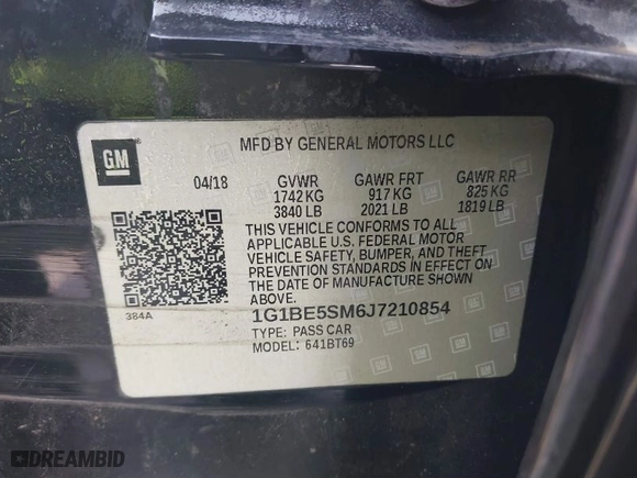 2018 Chevrolet Cruze LT with VIN 1G1BE5SM6J7210854, listed as a IAAI auction lot 39136762 with 112,023 mi miles. Bid and sale history available at carsss.com. Image 9.