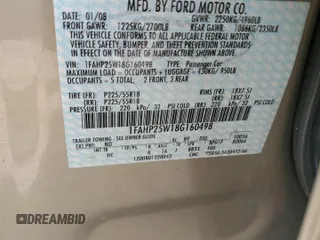2008 Ford Taurus Limited with VIN 1FAHP25W18G160498, listed as a Copart auction lot 67908594 with 119,305 mi miles and Salvage Title. Bid and sale history available at carsss.com. Image 12.