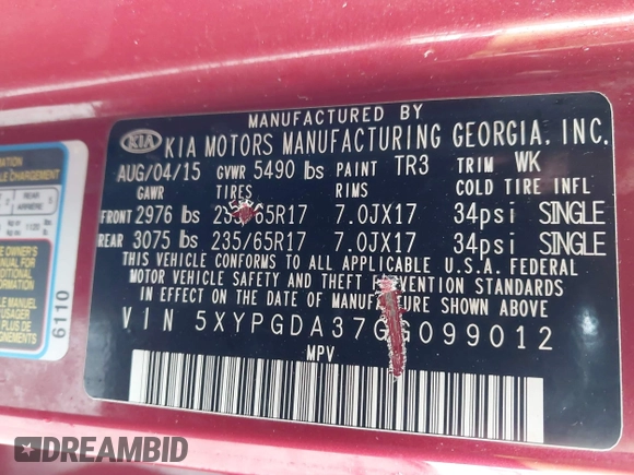 2016 Kia Sorento LX with VIN 5XYPGDA37GG099012, listed as a IAAI auction lot 42241907 with 108,448 mi miles and . Bid and sale history available at DreamBid. Image 9.