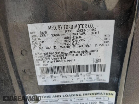 2009 Ford F-150 XL with VIN 1FTRW12889FB46414, listed as a Copart auction lot 57689325 with 197,779 mi miles and Salvage title. Bid and sale history available at DreamBid. Image 12.