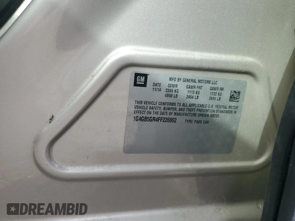 2015 Buick LaCrosse Leather with VIN 1G4GB5GR4FF226862, listed as a Copart auction lot 46358215 with 54,378 mi miles and Salvage Title. Bid and sale history available at DreamBid. Image 13.