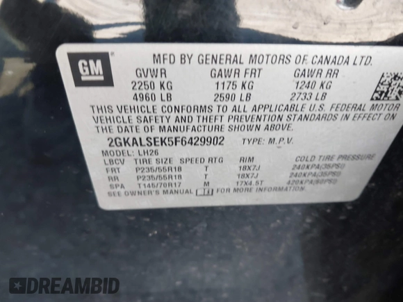 2015 GMC Terrain SLT with VIN 2GKALSEK5F6429902, listed as a IAAI auction lot 41887322 with 99,787 mi miles. Bid and sale history available at carsss.com. Image 9.