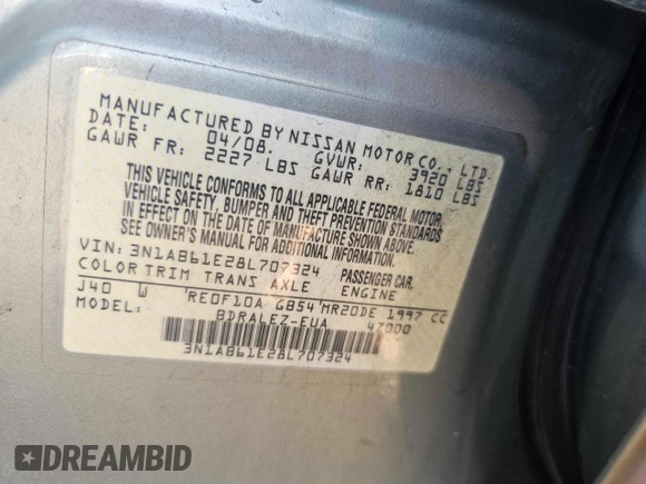 2008 Nissan Sentra S with VIN 3N1AB61E28L707324, listed as a Copart auction lot 86739304 with 198,282 mi miles and Clean Title. Bid and sale history available at DreamBid. Image 10.