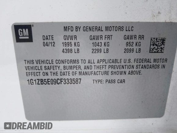 2012 Chevrolet Malibu 1LS with VIN 1G1ZB5E09CF333587, listed as a IAAI auction lot 41990688 with 136,183 mi miles and . Bid and sale history available at DreamBid. Image 9.