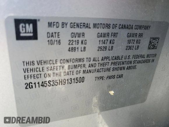 2017 Chevrolet Impala Premier with VIN 2G1145S35H9131500, listed as a Copart auction lot 62735235 with Not provided miles and Salvage title. Bid and sale history available at DreamBid. Image 12.