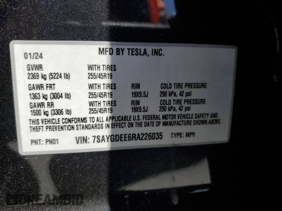 2024 Tesla Model Y Long Range with VIN 7SAYGDEE6RA226035, listed as a Copart auction lot 52539375 with 14,220 mi miles and Salvage title. Bid and sale history available at DreamBid. Image 13.
