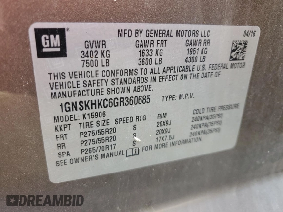 2016 Chevrolet Suburban LT z VIN 1GNSKHKC6GR360685, wystawiony jako Copart lot #56652175 z przebiegiem 115 212 mil mil oraz Szkoda całkowita • Salvage title. Historia ofert i sprzedaży dostępna na DreamBid. Obrazek 13.