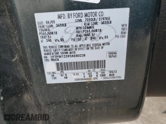 2005 Ford F-150 XLT with VIN 1FTPW12595KE80238, listed as a Copart auction lot 44429055 with 158,955 mi miles and Salvage Title. Bid and sale history available at carsss.com. Image 12.