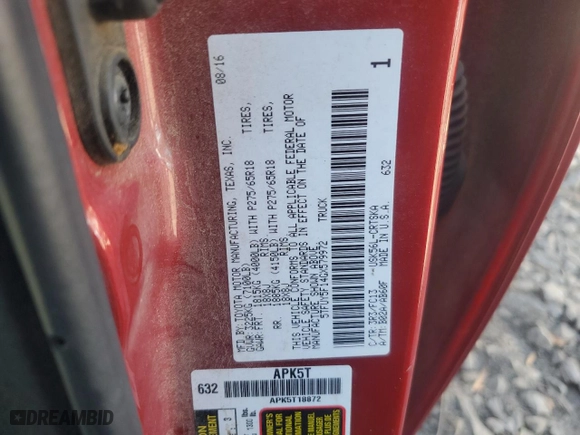 2016 Toyota Tundra 4WD Truck SR with VIN 5TFUY5F14GX579972, listed as a Copart auction lot 78010134 with 117,917 mi miles and Salvage Title. Bid and sale history available at carsss.com. Image 12.