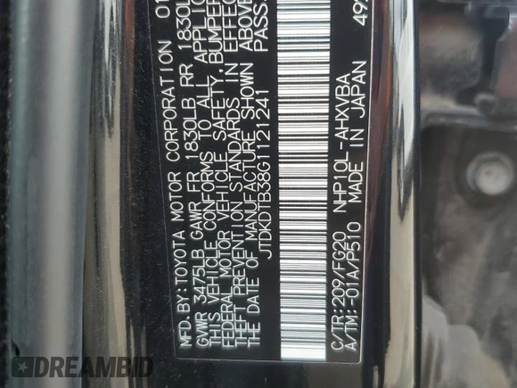 2016 Toyota Prius One with VIN JTDKDTB38G1121241, listed as a Copart auction lot 52901195 with 148,755 mi miles and Clean Title. Bid and sale history available at DreamBid. Image 12.