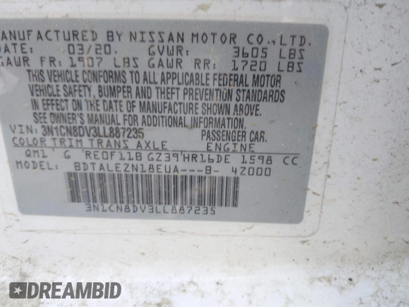 2020 Nissan Versa S with VIN 3N1CN8DV3LL887235, listed as a IAAI auction lot 39765652 with 71,314 mi miles. Bid and sale history available at carsss.com. Image 9.