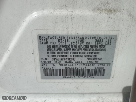 2015 Nissan Sentra S with VIN 3N1AB7AP9FY345936, listed as a Copart auction lot 50290735 with 113,572 mi miles and Salvage Title. Bid and sale history available at carsss.com. Image 12.