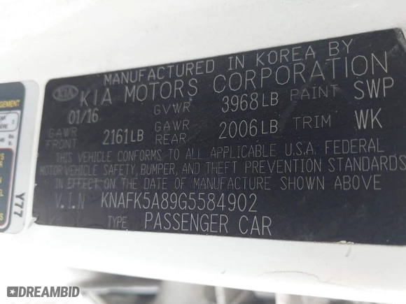 2016 Kia Forte 5-Door LX with VIN KNAFK5A89G5584902, listed as a IAAI auction lot 41703843 with 254,827 mi miles. Bid and sale history available at carsss.com. Image 9.