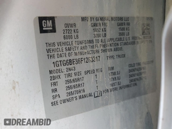 2015 GMC Canyon 4WD SLE with VIN 1GTG6BE36F1263317, listed as a Copart auction lot 53967805 with 129,590 mi miles and Salvage title. Bid and sale history available at DreamBid. Image 12.