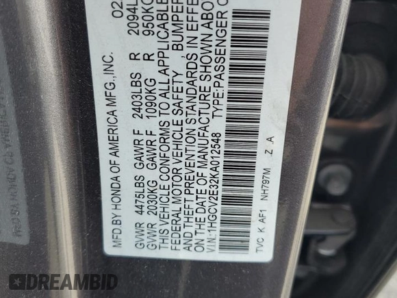 2019 Honda Accord Sport with VIN 1HGCV2E32KA012548, listed as a Copart auction lot 62986365 with 23,929 mi miles and Salvage title. Bid and sale history available at DreamBid. Image 12.