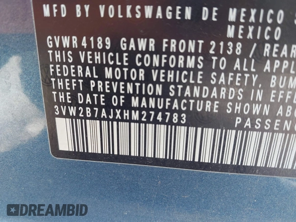 2017 Volkswagen Jetta S with VIN 3VW2B7AJXHM274783, listed as a IAAI auction lot 41760745 with 181,821 mi miles and . Bid and sale history available at DreamBid. Image 9.
