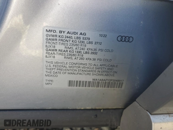 2023 Audi Q5 Premium с VIN WA1ABAFY2P2048917, выставлен на аукционе Copart как лот 56557675 с пробегом 59 113 миль миль и Списание • Salvage title. История ставок и продаж доступна на DreamBid. Изображение 13.