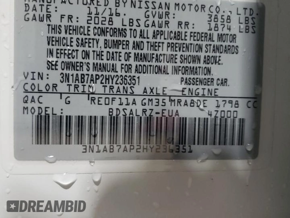2017 Nissan Sentra SR with VIN 3N1AB7AP2HY236351, listed as a Copart auction lot 52611665 with 69,771 mi miles and Salvage Title. Bid and sale history available at DreamBid. Image 12.