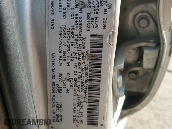 1999 Toyota 4Runner z VIN JT3HM84R7X0035003, wystawiony jako Copart lot #60071745 z przebiegiem 266 385 mil mil oraz Szkoda całkowita • Salvage title. Historia ofert i sprzedaży dostępna na DreamBid. Obrazek 13.