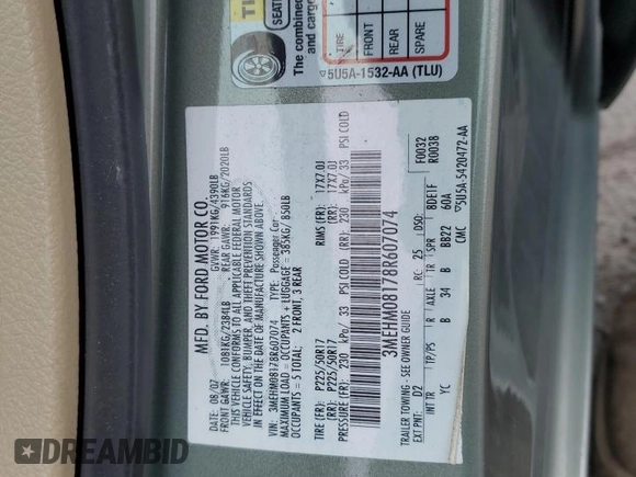 2008 Mercury Milan Premier with VIN 3MEHM08178R607074, listed as a Copart auction lot 52667515 with 55,251 mi miles and Salvage title. Bid and sale history available at DreamBid. Image 12.