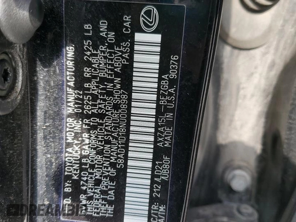 2022 Lexus ES 250 with VIN 58AD11D18NU008987, listed as a Copart auction lot 55146525 with 241,833 mi miles and Salvage title. Bid and sale history available at DreamBid. Image 13.