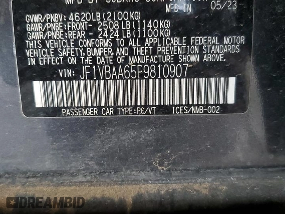 2023 Subaru WRX with VIN JF1VBAA65P9810907, listed as a Copart auction lot 50618875 with 20,019 mi miles and Clean title. Bid and sale history available at DreamBid. Image 12.