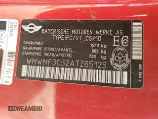 2010 MINI Hardtop с VIN WMWMF3C52ATZ65125, выставлен на аукционе Copart как лот 57271795 с пробегом Не указан миль и Чистый • Clean title. История ставок и продаж доступна на DreamBid. Изображение 12.