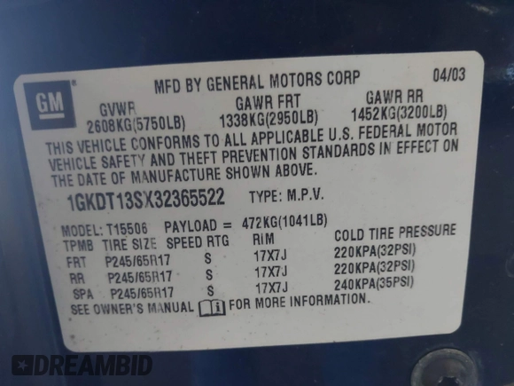 2003 GMC Envoy SLE with VIN 1GKDT13SX32365522, listed as a IAAI auction lot 42655399 with 210,765 mi miles and . Bid and sale history available at DreamBid. Image 9.